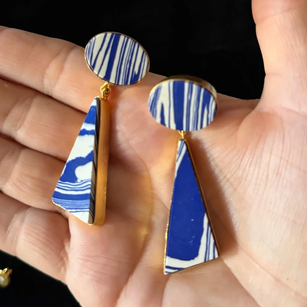 Blue and White Patterned Triangle Gold Border Dangling Statement Post Earrings - Picture 14 of 16